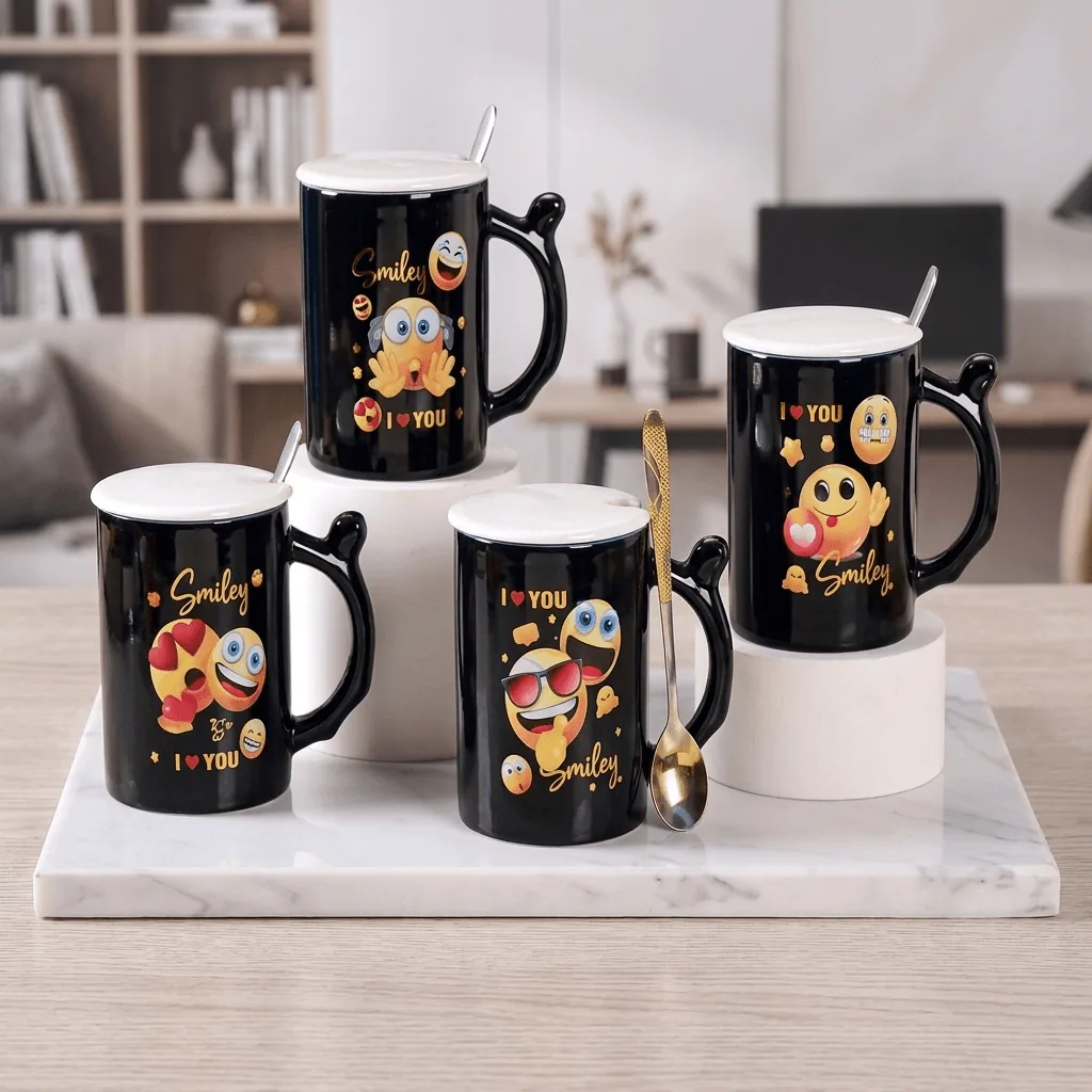 مج سيراميك أسود بتصاميم الإيموجي