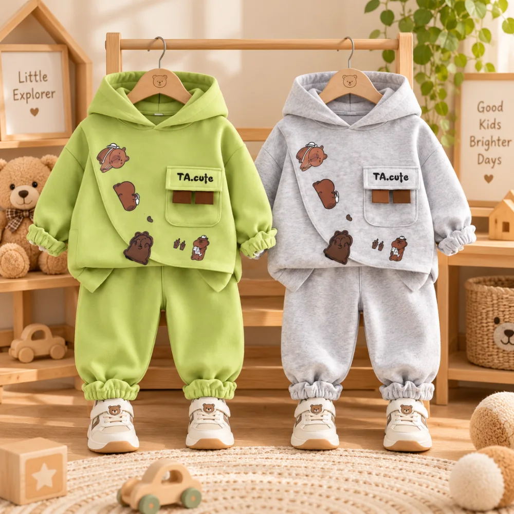 طقم أطفال هودي TA Cute بجيوب دباديب 🧸💚