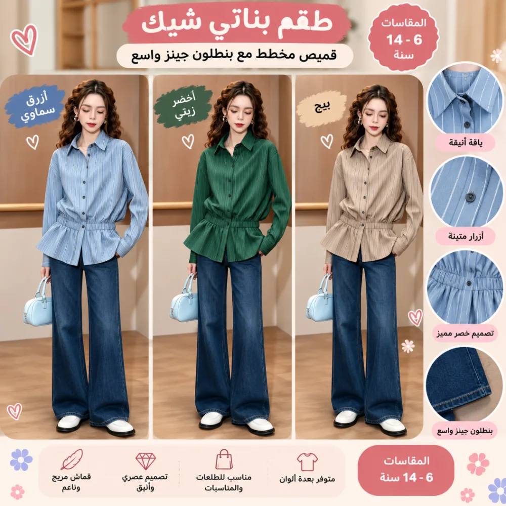 طقم محير شيك قميص مخطط مع بنطلون جينز واسع ✨💕
