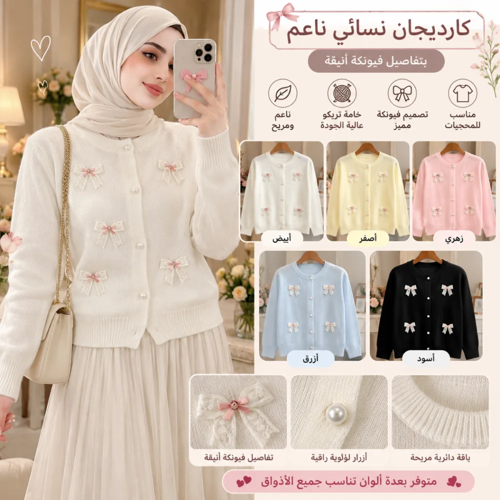 كارديجان تنسائي بفيونكات دانتيل وأزرار لؤلؤية 🎀
