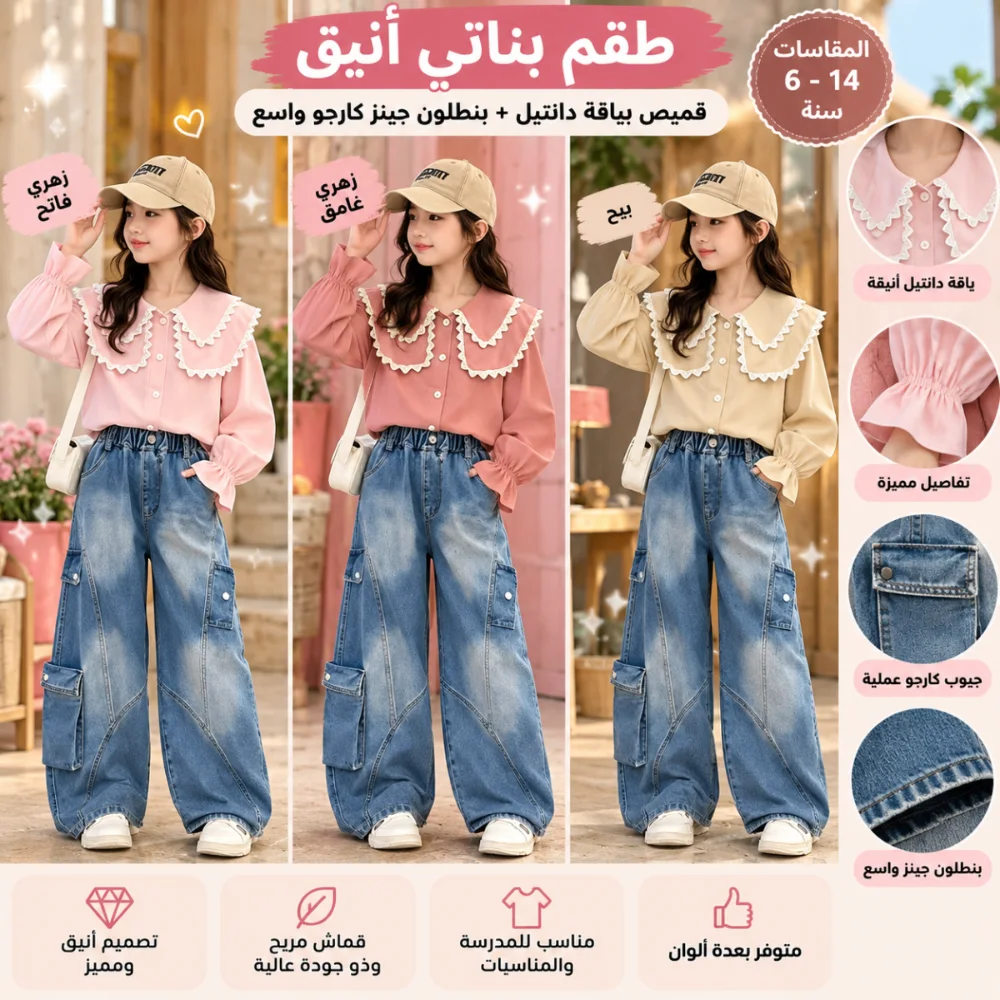 طقم جينز كارجو مع قميص بياقة دانتيل 🎀