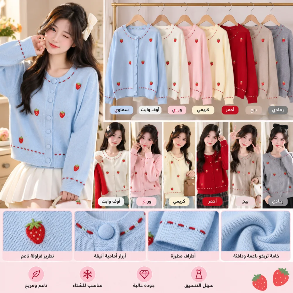 كارديجان صبايا تريكو فراولة بأزرار – ستايل كوري 🍓