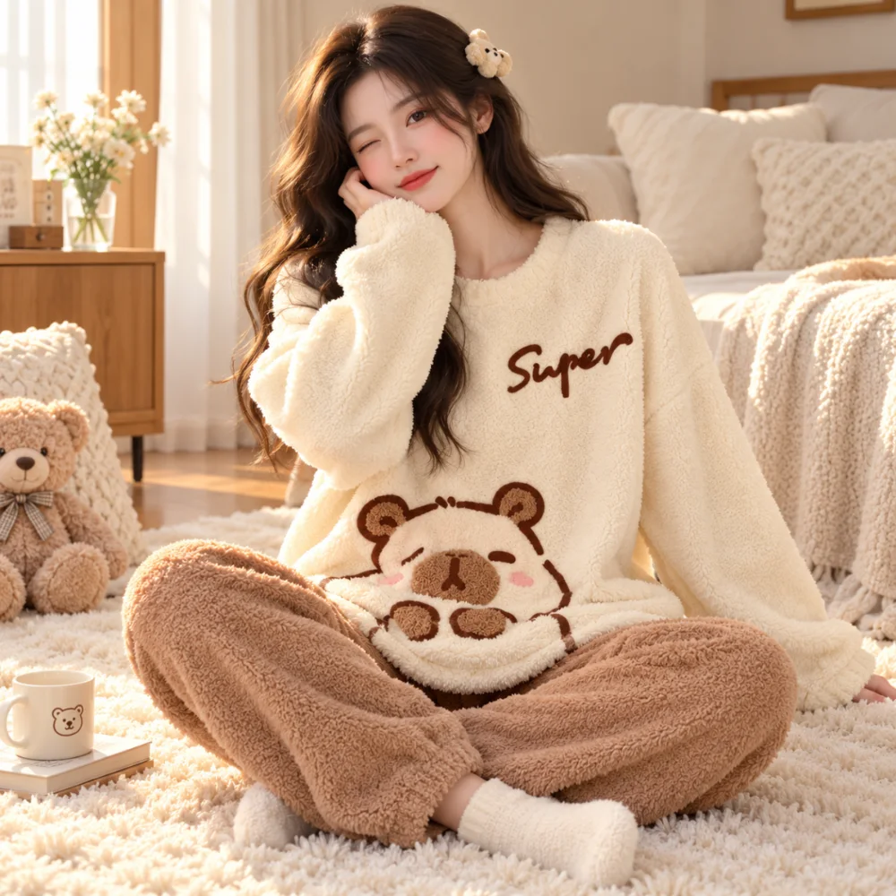 بيجامة صبايا شتوية فرو تيدي Super Bear – أوف وايت وبني 🧸🤎