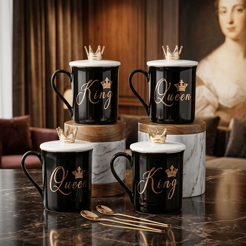 كوب King & Queen الداكن مع غطاء التاج وملعقة ذهبية