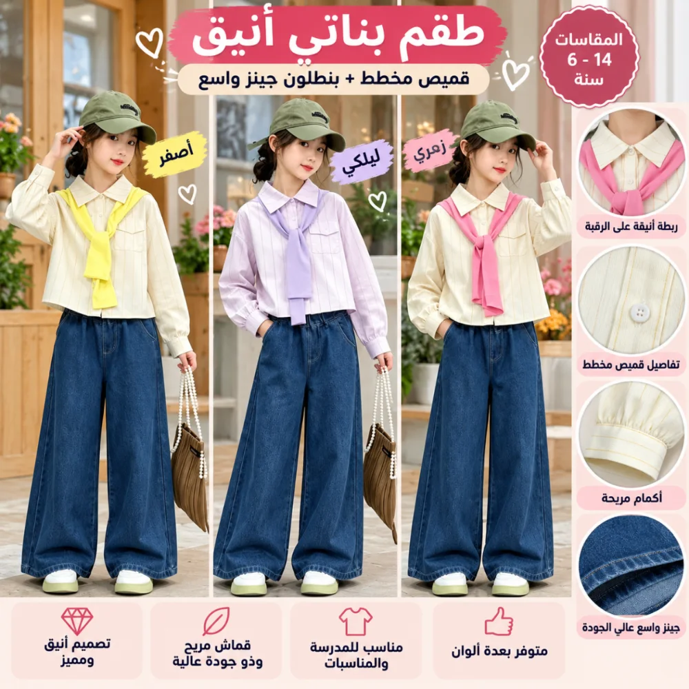 طقم بناتي كاجوال بقميص وربطة ملونة 🎀