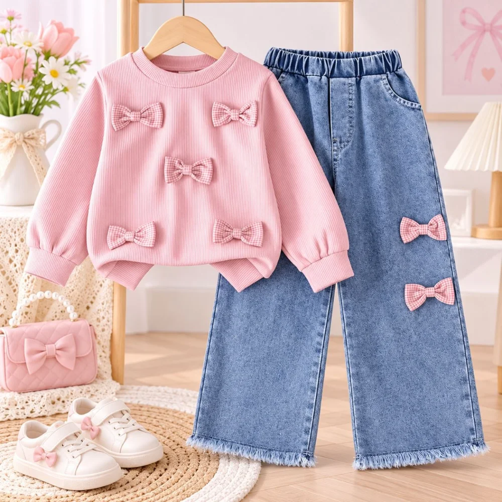 طقم بناتي فيونكات كاروهات مع بنطلون جينز واسع 🎀