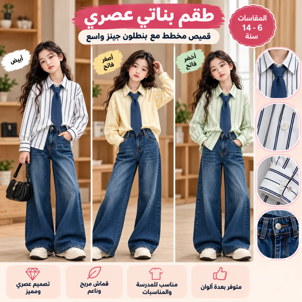 طقم محير جينز مع قميص مخطط وربطة 🎀