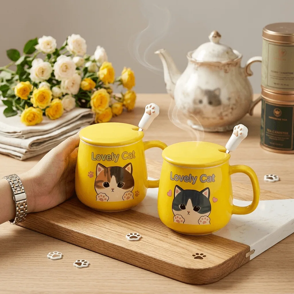 كوب القطط الكيوت بغطاء وملعقة | Lovely Cat Mug