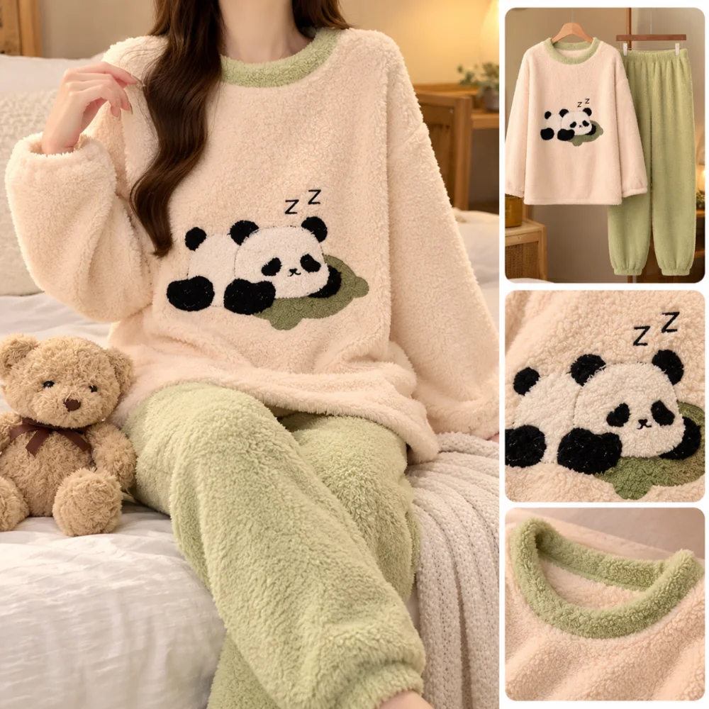 بيجامة صبايا فرو ناعم بتصميم باندا النعسان 🐼💚