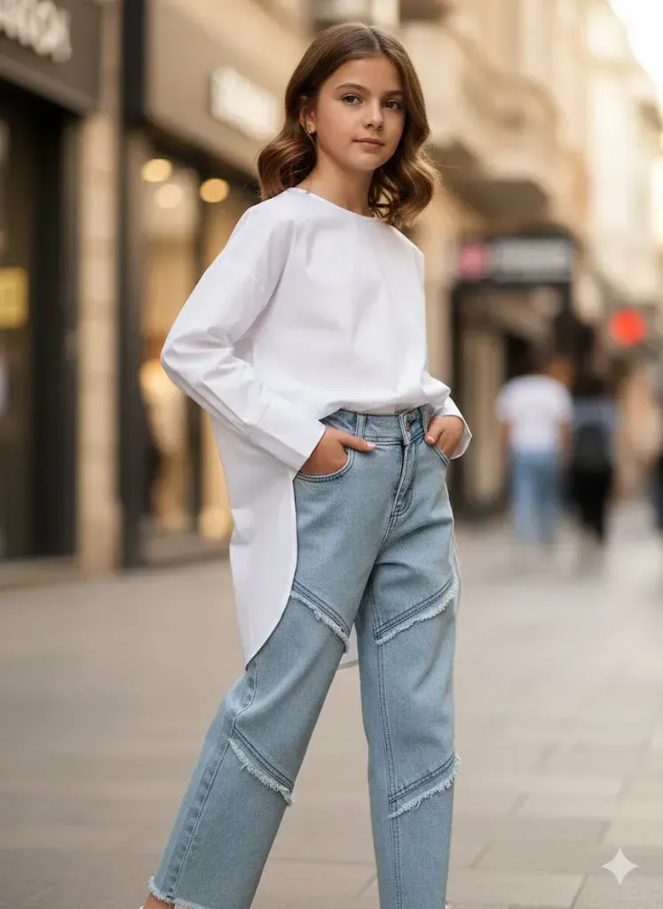 بنطال "ستريت ستايل" جينز واسع (Wide Leg) بتصميم الدرزات البارزة.