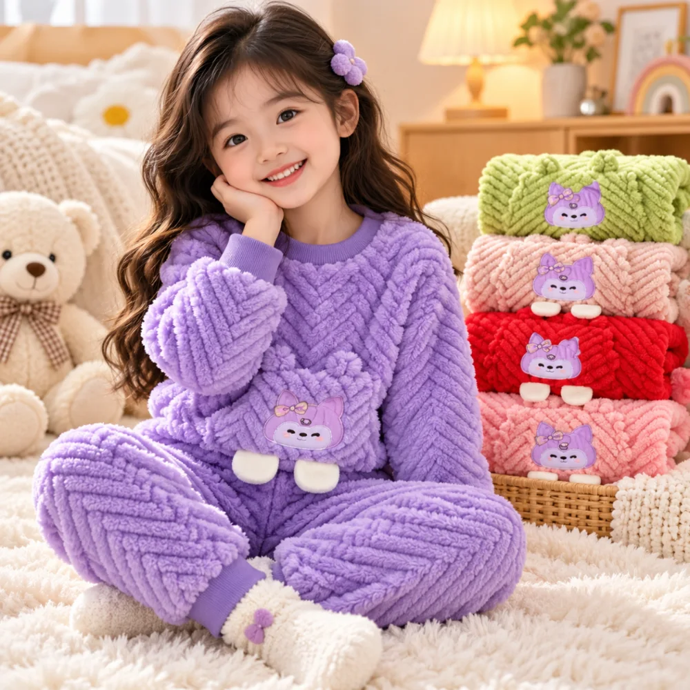 طقم أطفال شتوي فرو مضلّع كيوت 🧸💕