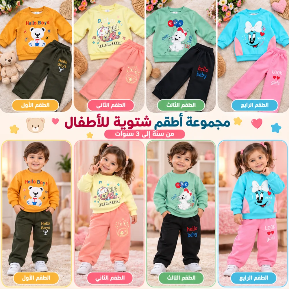 طقم أطفال شتوي كيوت برسومات كرتونية 🧸💕