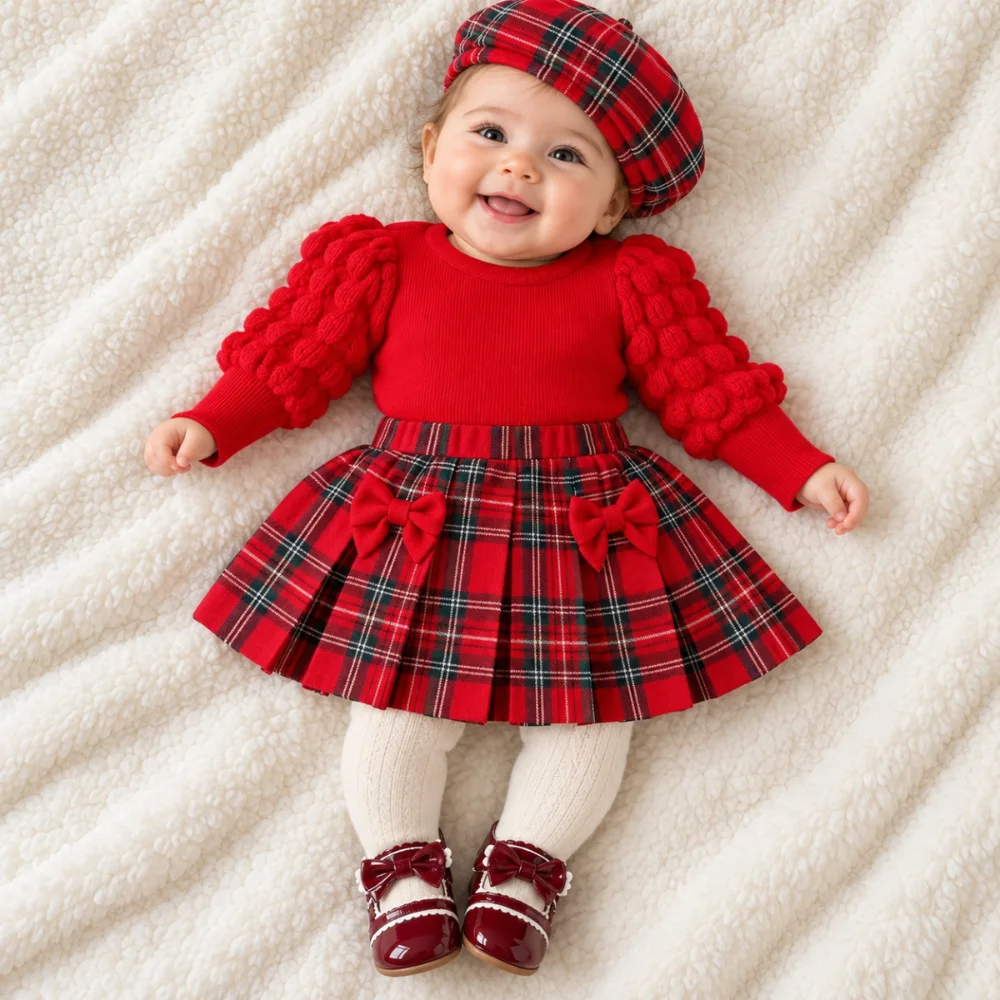 طقم بناتي مواليد أحمر بتنورة كاروه وطاقية 🎀