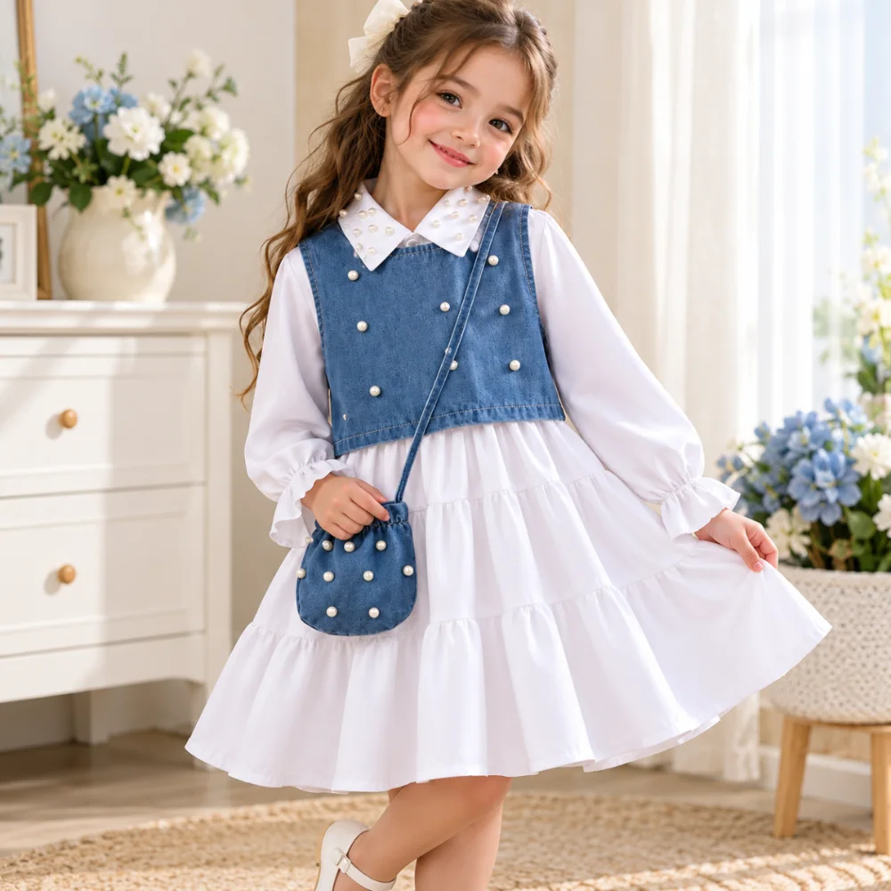فستان بناتي أبيض مع صديري جينز وشنطة لؤلؤ 🎀