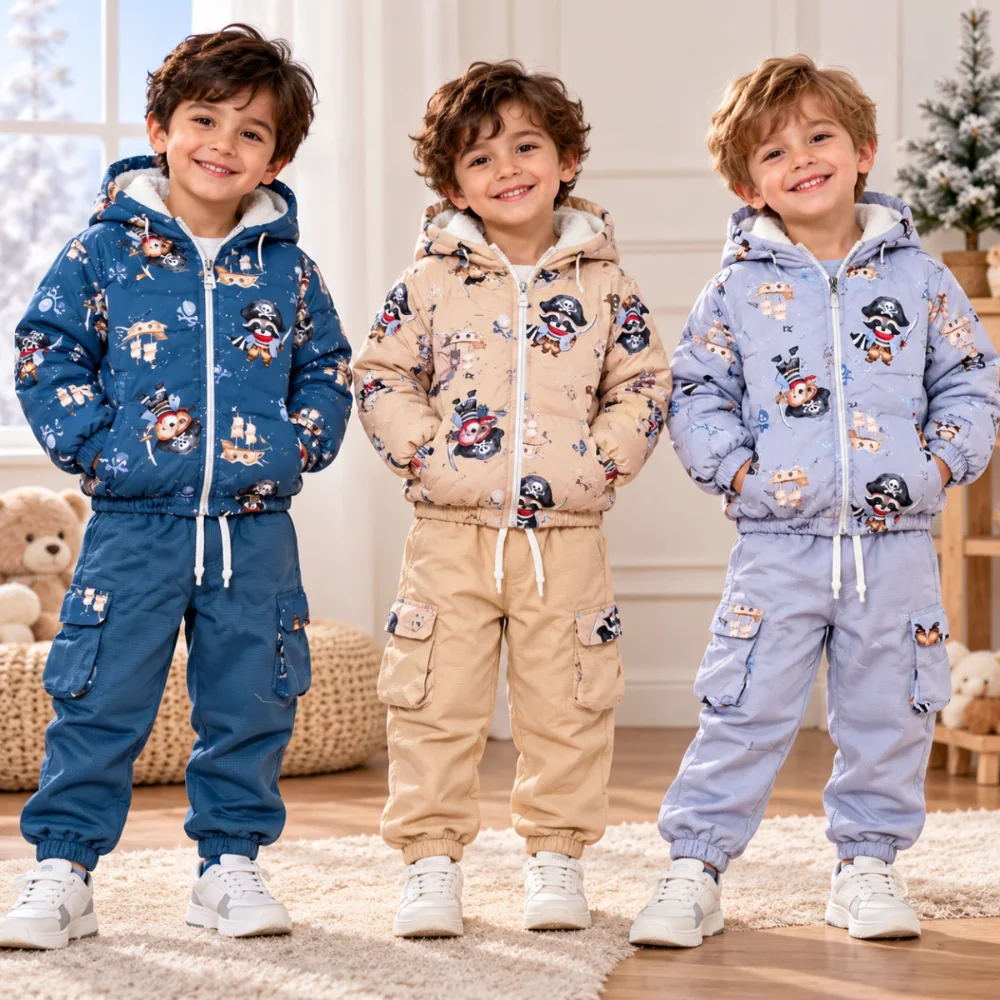 طقم ولادي شتوي جاكيت مبطن فرو مع بنطلون كارغو – 3 ألوان 🧥❄️