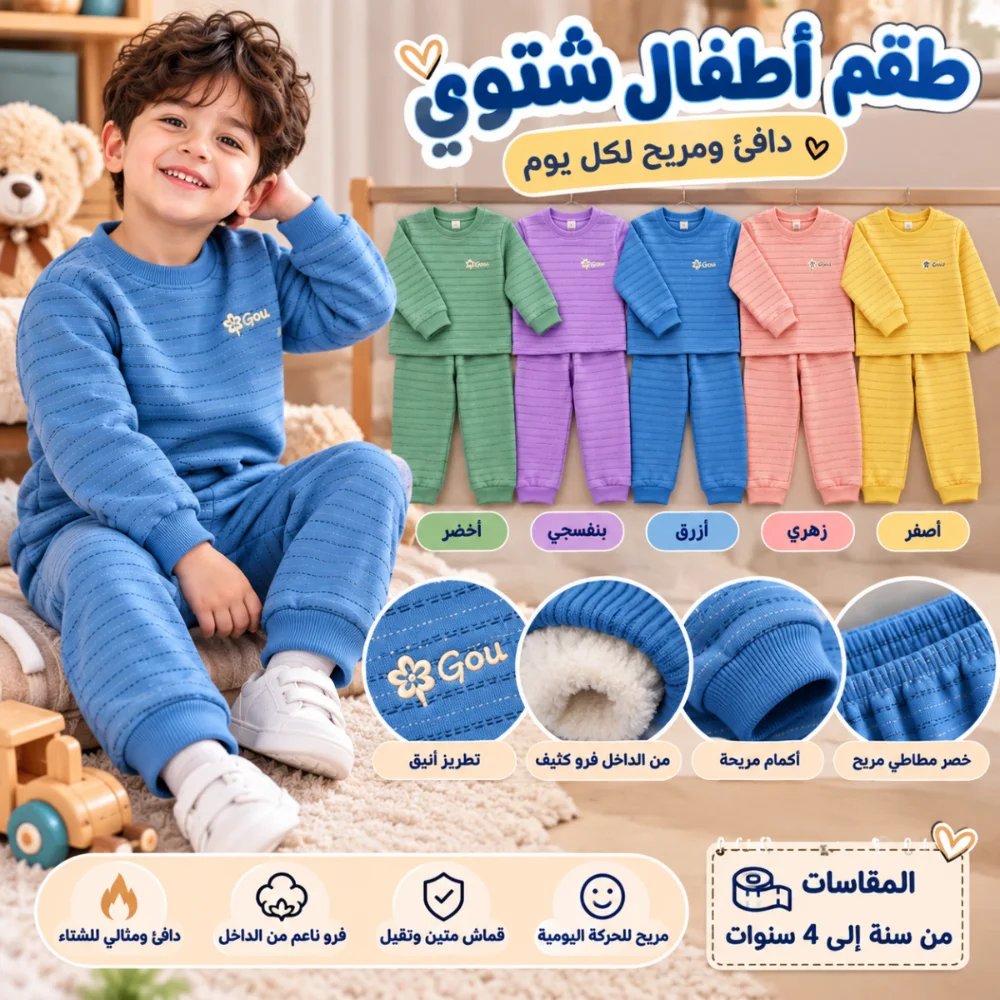 طقم أطفال شتوي فرو مبطّن ❄️🧸