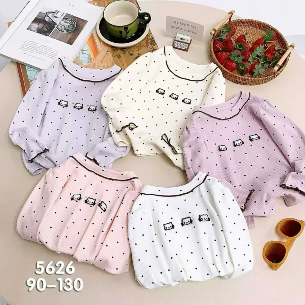بلوزة بناتي ريب منقطة بياقة كشكش 🎀