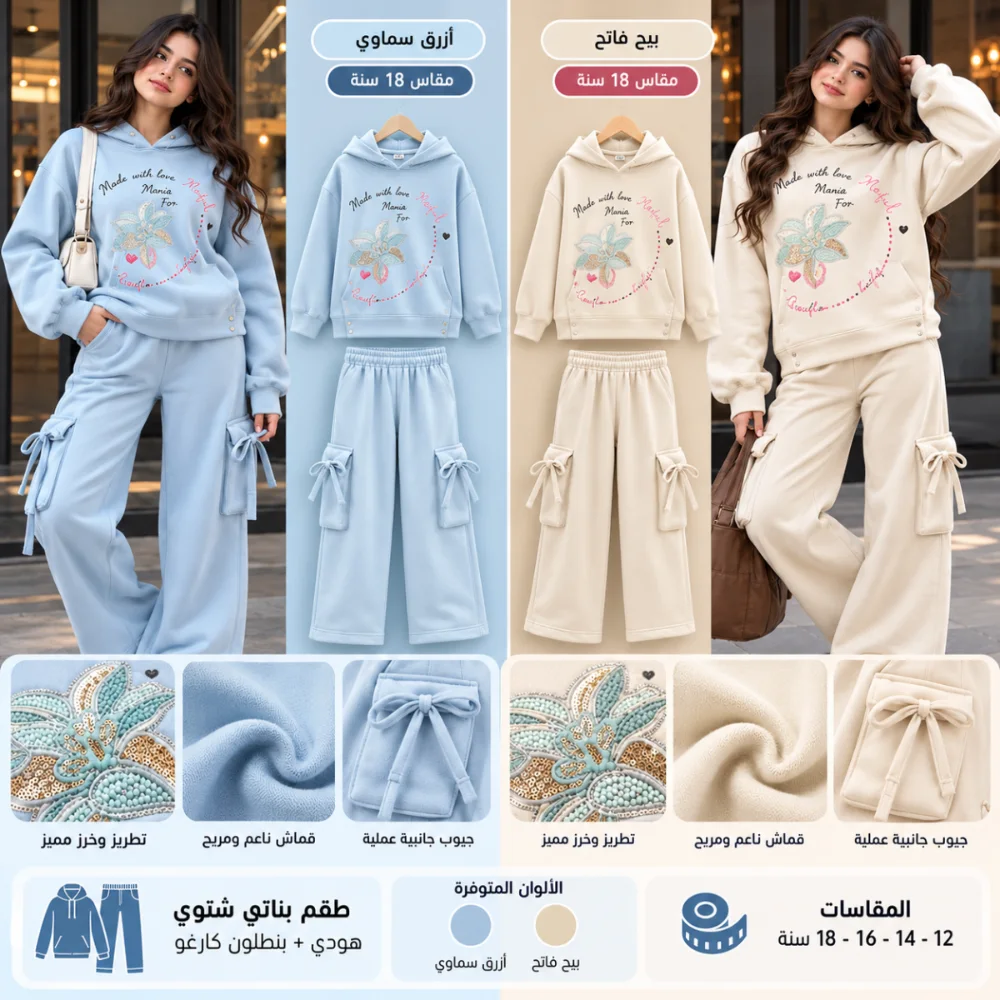 طقم بناتي شتوي هودي وبنطلون كارغو