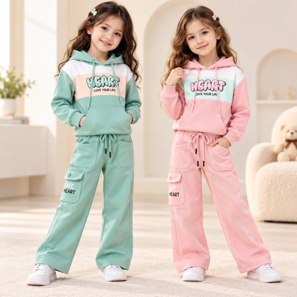 طقم بناتي هودي HEART مع بنطلون كارغو واسع – ألوان باستيل 💗💚