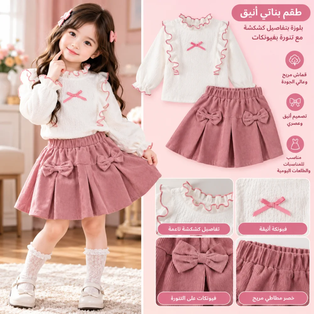 طقم بناتي فيونكات الدلع 🎀 | بلوزة كشاكش وتنورة مخملية الوصف: