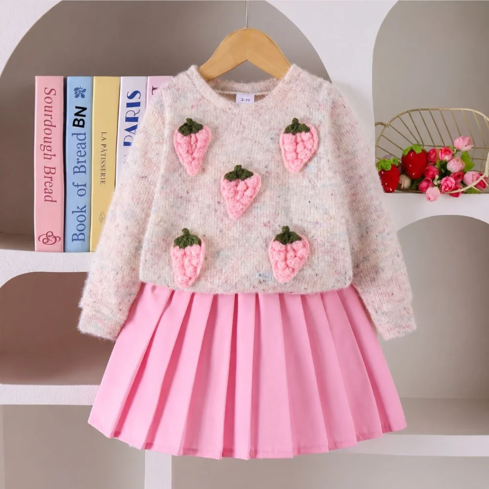 طقم بناتي فراولة مع تنورة وردية 🍓💗