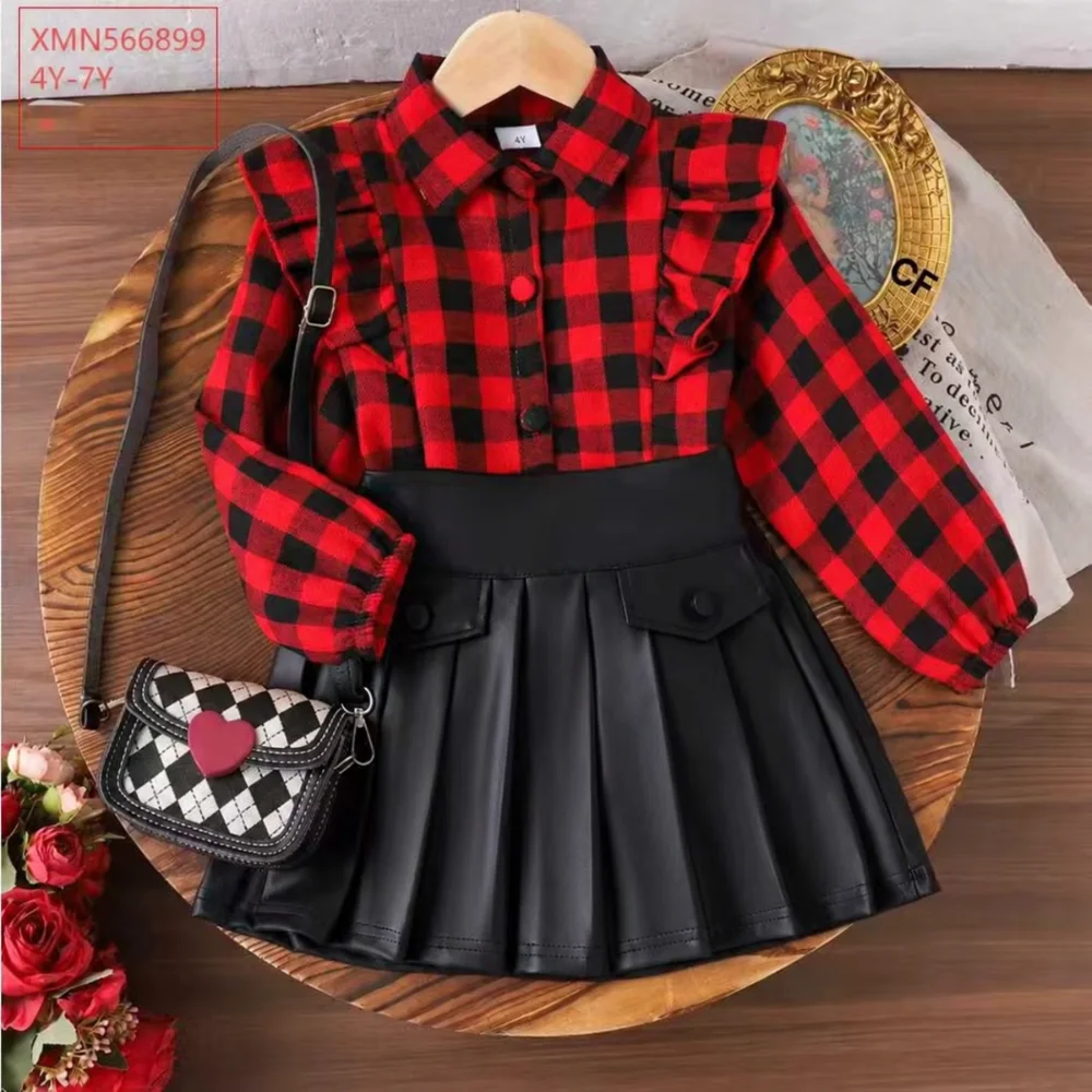 طقم بناتي كاروهات قميص وتنورة ❤️🖤SHEIN