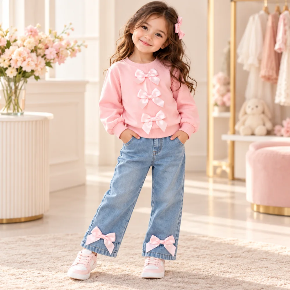 طقم بناتي فيونكات وردي مع جينز 🎀