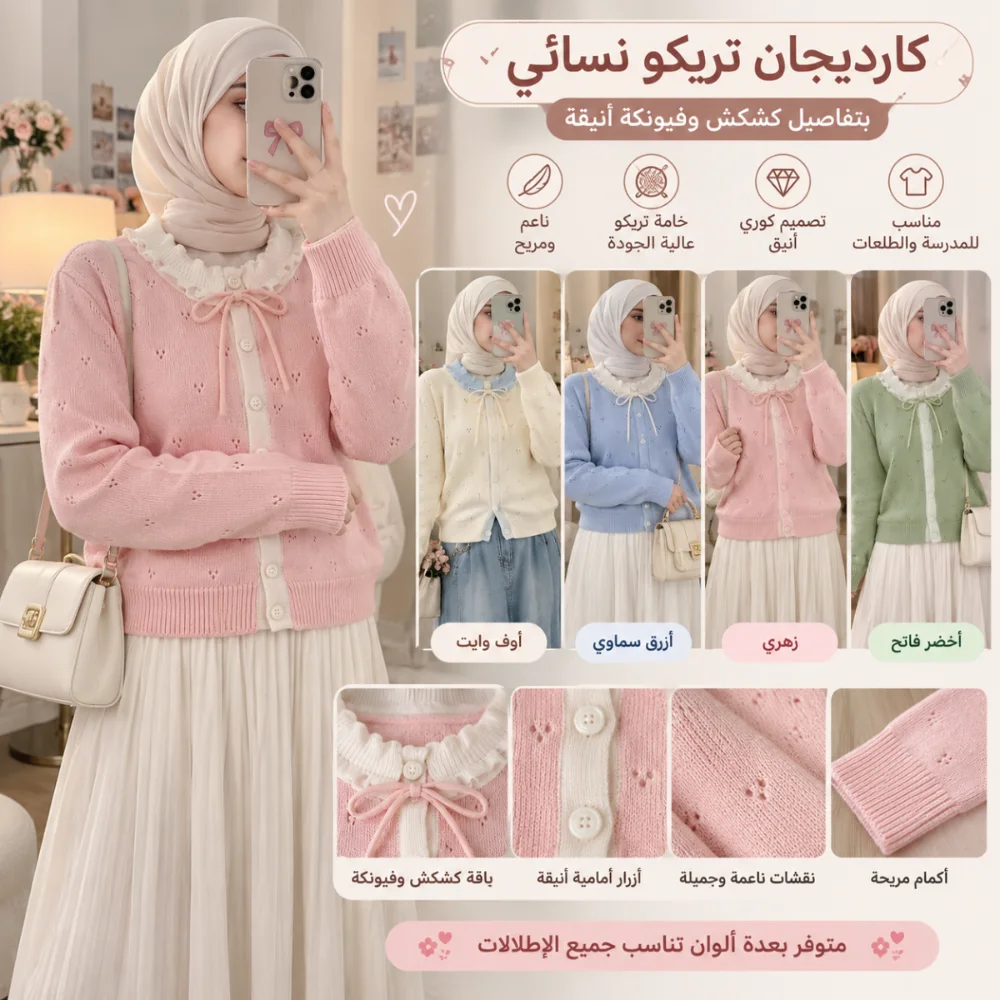 كارديجان تريكو نسائي ناعم بياقة كشكش وفيونكة 🎀