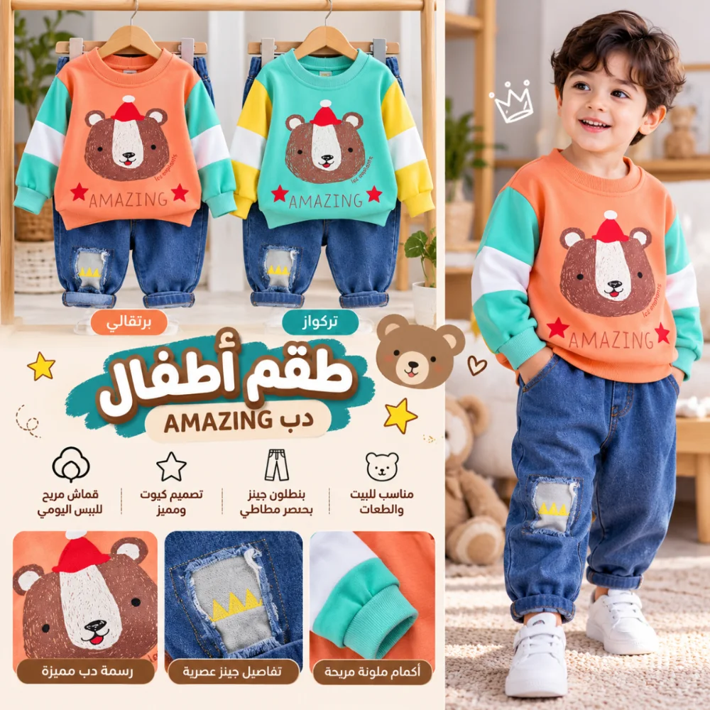 طقم أطفال جينز دب AMAZING 🧸💙