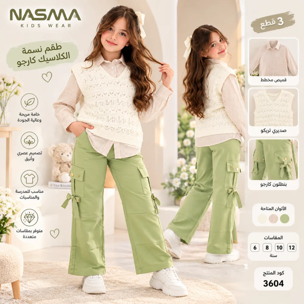 طقم بناتي نسمة كلاسيك كارجو – 3 قطع 🤍🌿